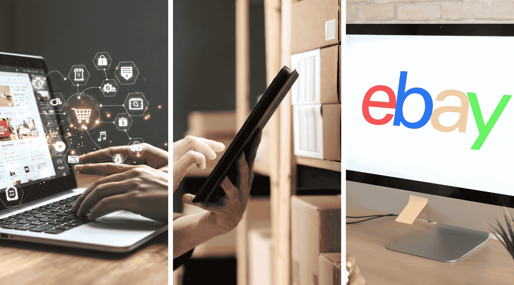 Dreiteilige Bildcollage zum Thema Wiederverkauf: Links tippt eine Person auf einem Laptop mit digitalen E-Commerce-Symbolen wie Warenkorb, Zahlung und Versand. In der Mitte nutzt jemand ein Tablet vor Regalen voller Versandkartons. Rechts ist ein Bildschirm mit dem eBay-Logo zu sehen. Die Motive zeigen zentrale Elemente erfolgreicher Verkaufsstrategien für Reseller: Online-Shops, Warenmanagement und Marktplätze.