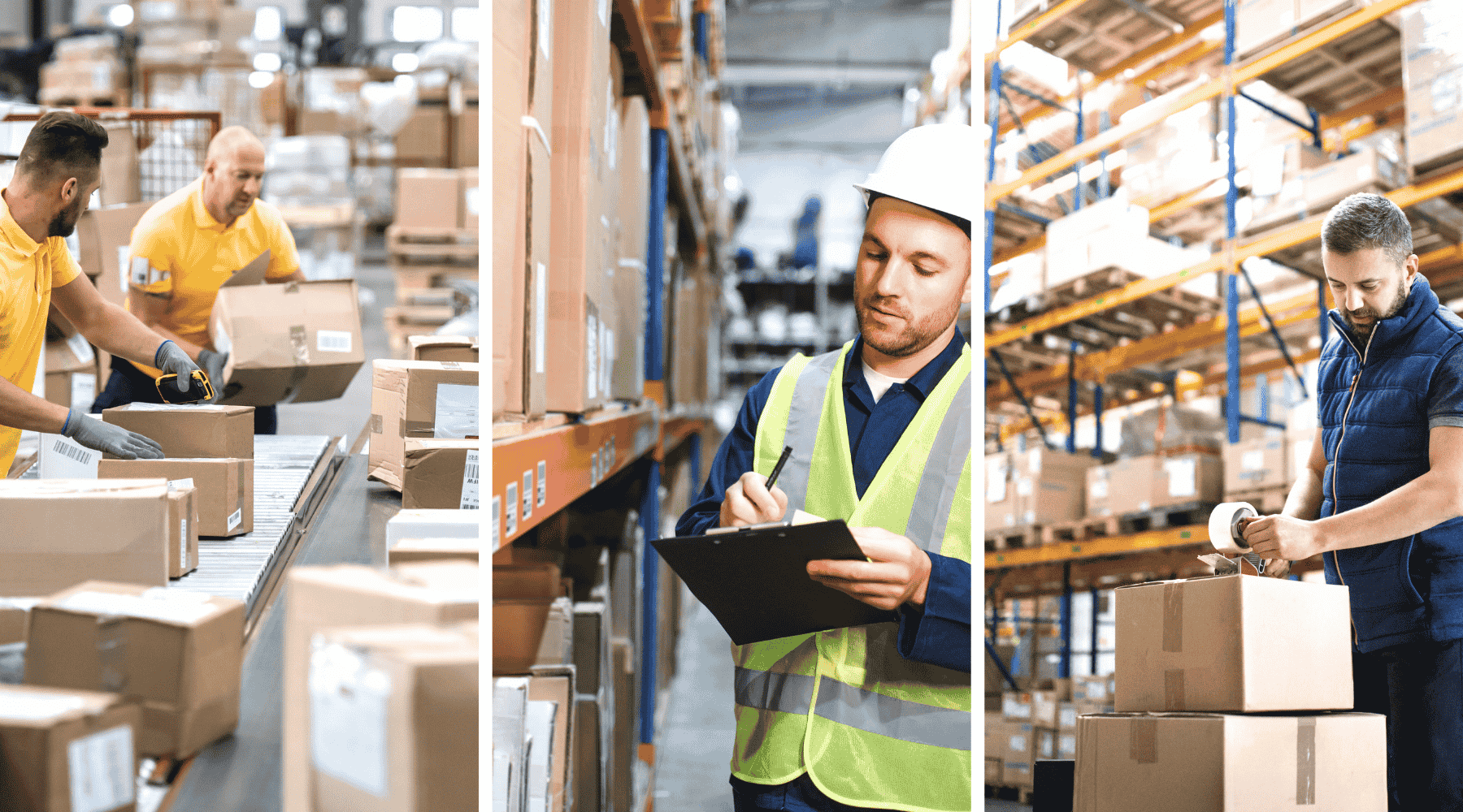 Dreiteilige Bildcollage aus dem Logistikbereich: Links sortieren Mitarbeitende Pakete auf einem Förderband und scannen sie ein. In der Mitte prüft ein Lagerarbeiter mit Schutzweste und Helm Bestände in einem Hochregallager und macht Notizen auf einem Klemmbrett. Rechts verpackt ein Mitarbeiter Kartons und verschließt sie mit Klebeband. Die Bilder zeigen typische Prozesse zur Optimierung von Logistik und Lagerhaltung.
