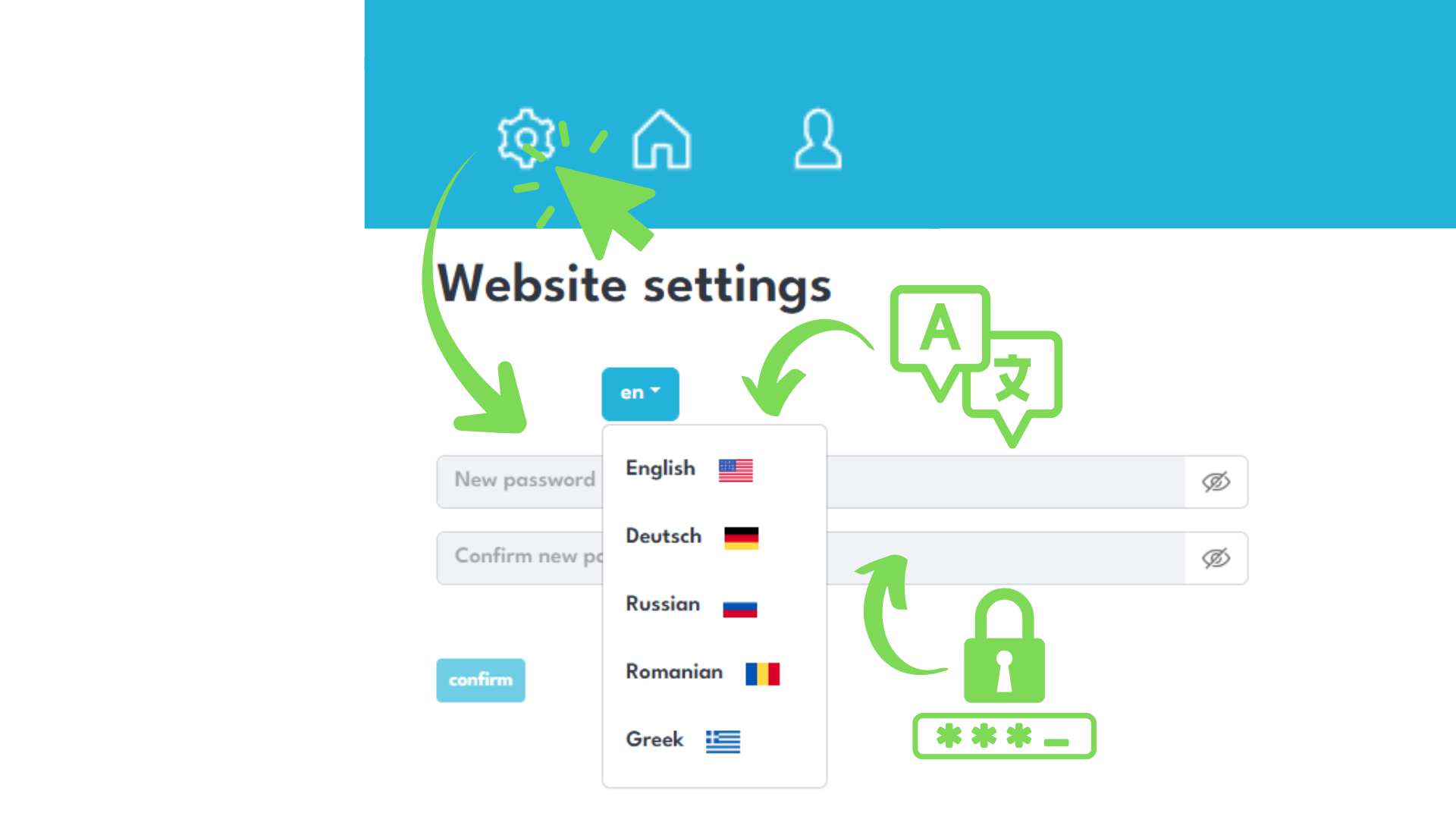 Bild, das zeigt, wie man Sprache und Passwort für den eigenen Account im Portal ändert.