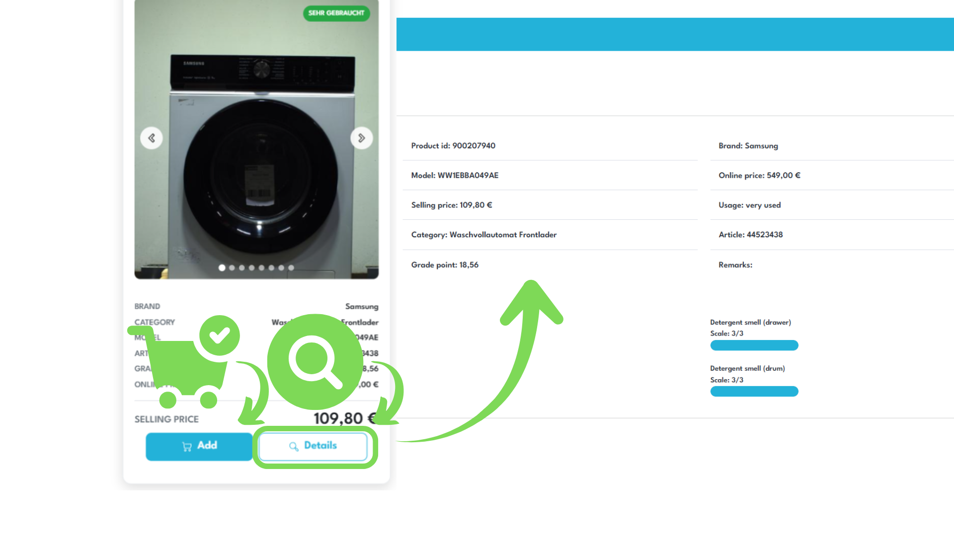 Grafik, die veranschaulicht, wie man Produkte in den Warenkorb legt und weitere Produktdetails anzeigt.