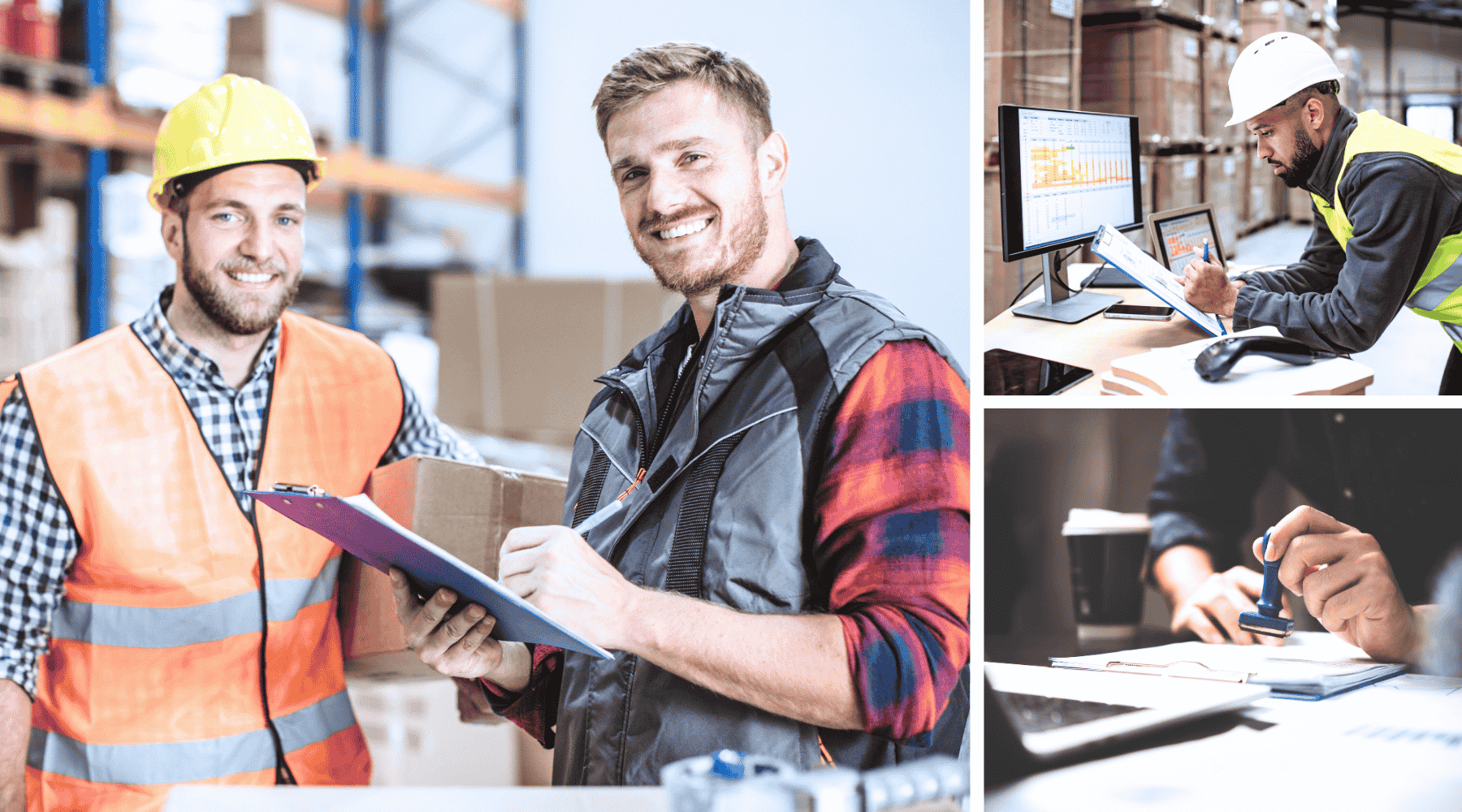 Zu sehen sind zwei lächelnde Lagermitarbeiter in Sicherheitskleidung (Warnweste, Schutzhelm) mit Klemmbrett vor Palettenregalen. Sie führen eine Qualitätsprüfung von Retouren und B-Ware im professionellen Großhandelslager durch.