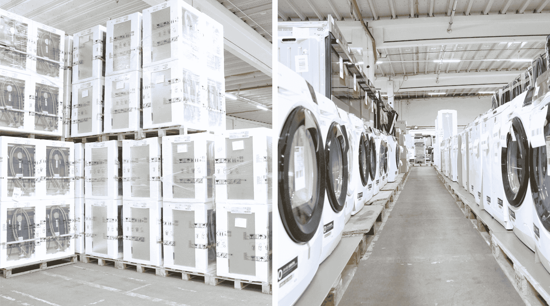 Zu sehen sind mehrere Europaletten mit originalverpackten weißen Waschmaschinen in Schutzfolie. Die Elektrogeräte-Retouren sind gestapelt und etikettiert im Großhandelslager für B2B-Händler, die Haushaltsgeräte als B-Ware oder Restposten kaufen möchten.