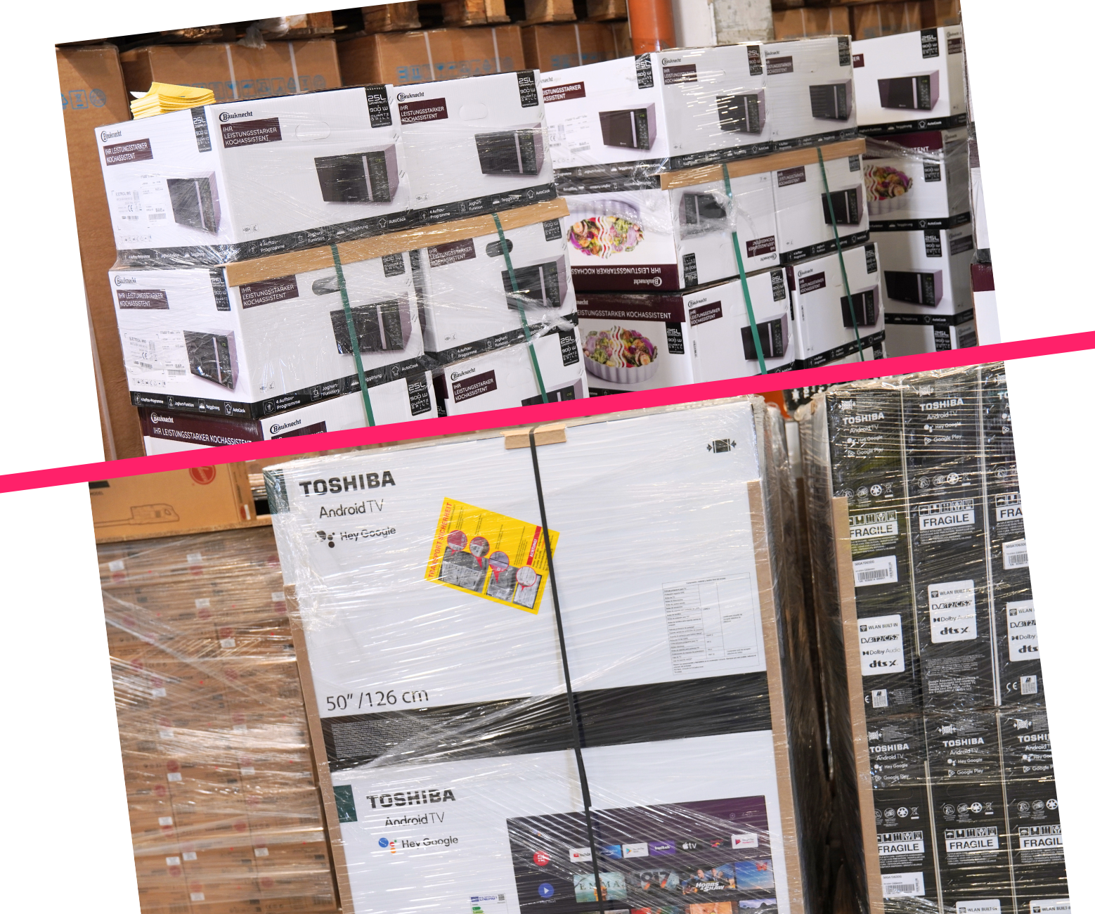 Titelgrafik: "A-Ware mit Herstellergarantie", die originalverpackte Fernseher und Mikrowellen im A-Zustand zeigt.