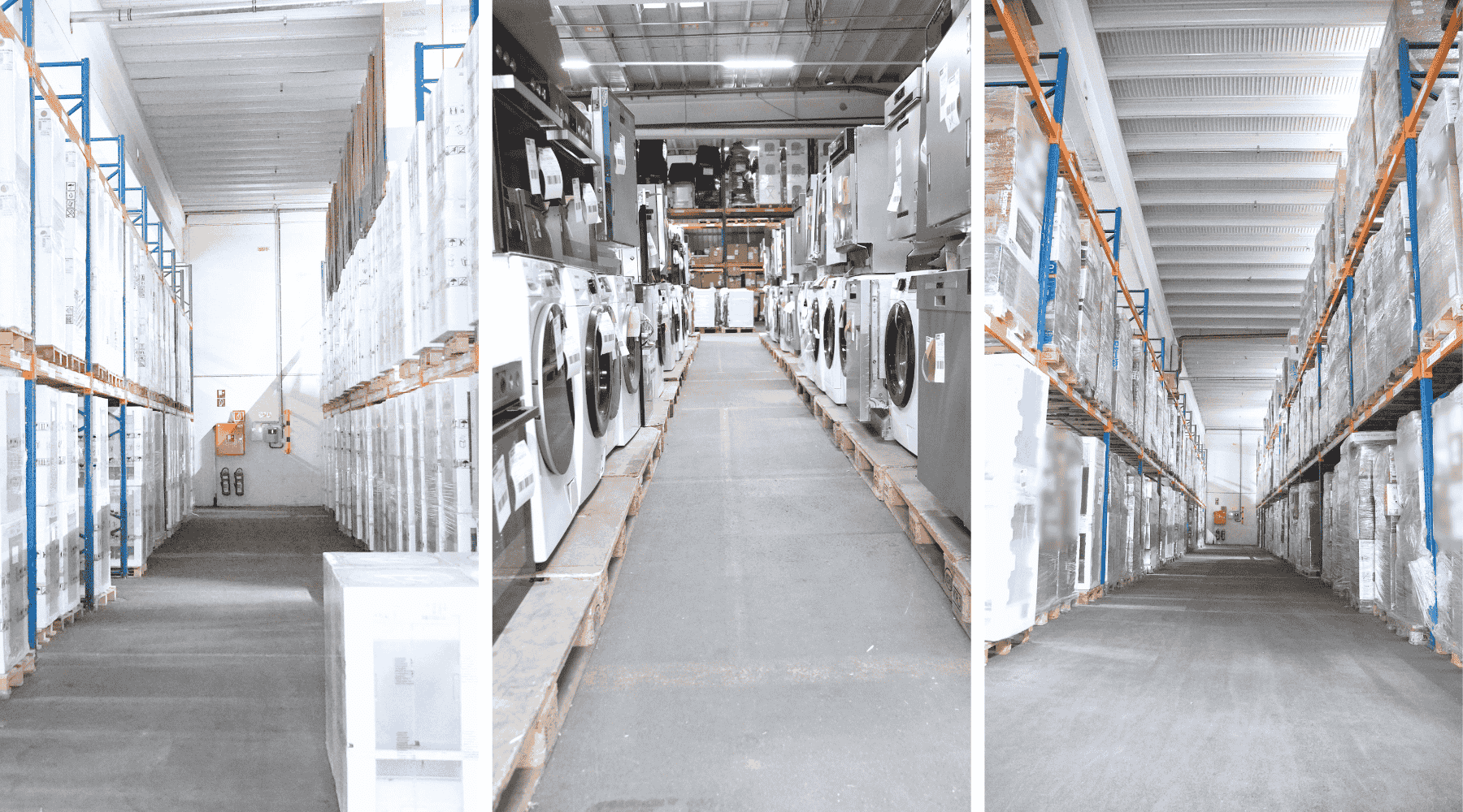 Dreiteilige Bildcollage: Links und rechts zeigen Hochregallager mit großen Mengen verpackter Haushaltsgeräte auf Paletten. In der Mitte eine Reihe verschiedenster Großgeräte wie Waschmaschinen und Geschirrspüler, sauber sortiert in einer Lagerhalle. Die Darstellung vermittelt, wie Händler im B2B-Bereich größere Stückzahlen und Mindestabnahmemengen effizient beziehen können.