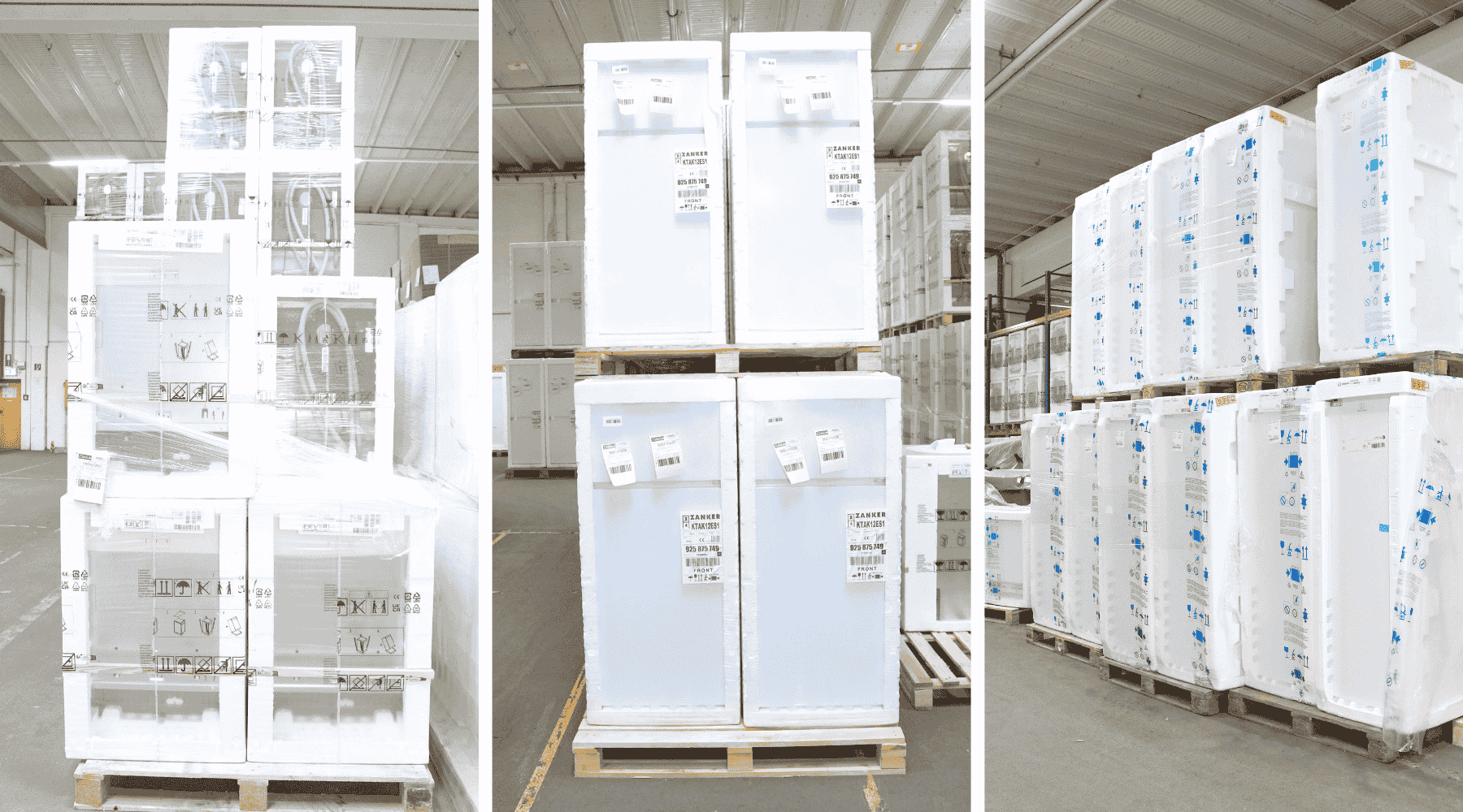 Zu sehen sind vier weiße Kühlschränke in Originalverpackung mit Schutzfolie und Versandetiketten auf einer Europalette. Die Haushaltsgeräte-Retouren sind gestapelt im Großhandelslager für B2B-Händler, die Elektro-B-Ware und Restposten kaufen möchten.