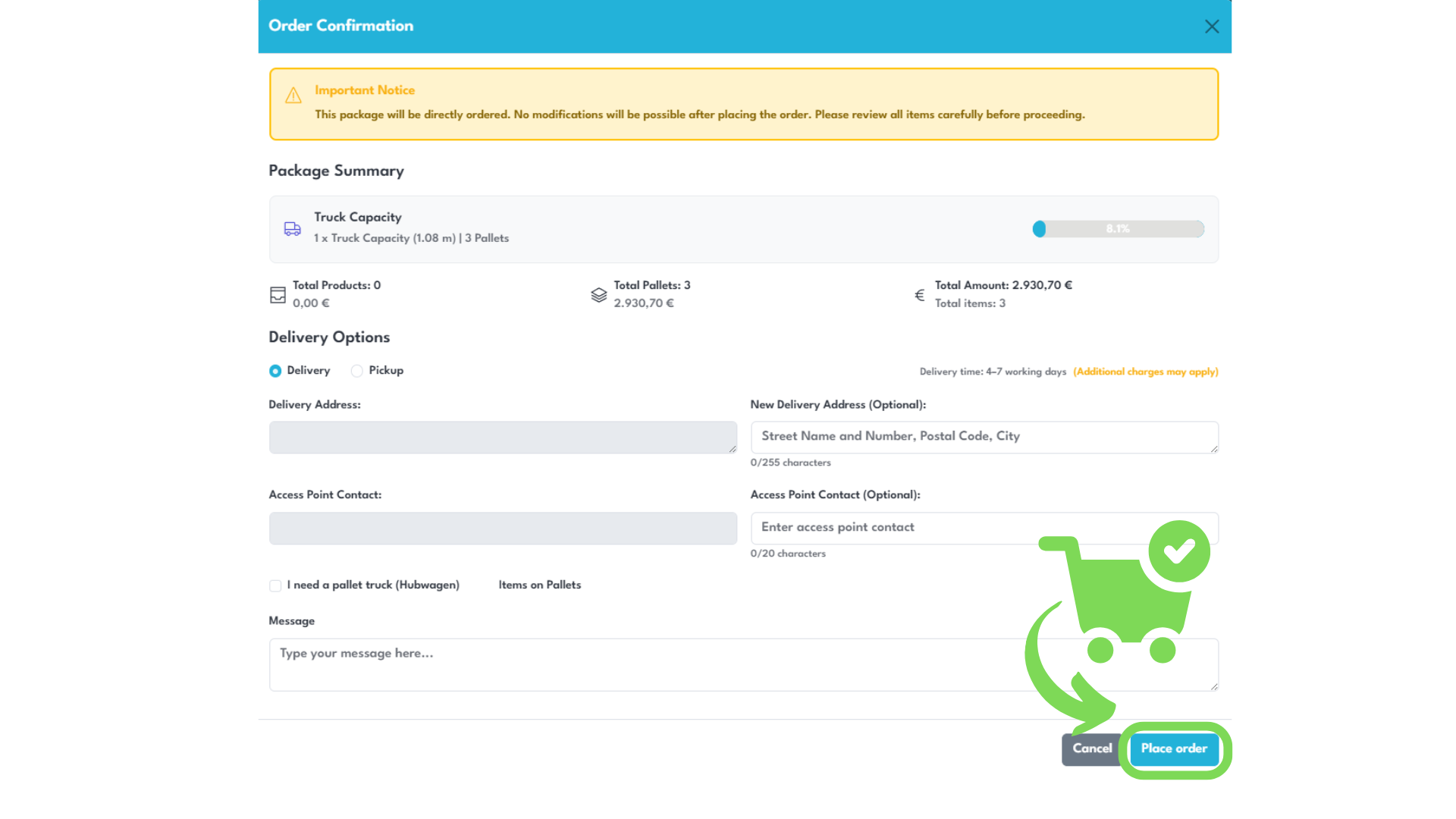 Es wird gezeigt, wie die Bestellung mit „Place Order“ im Portal verbindlich abgeschlossen werden kann.