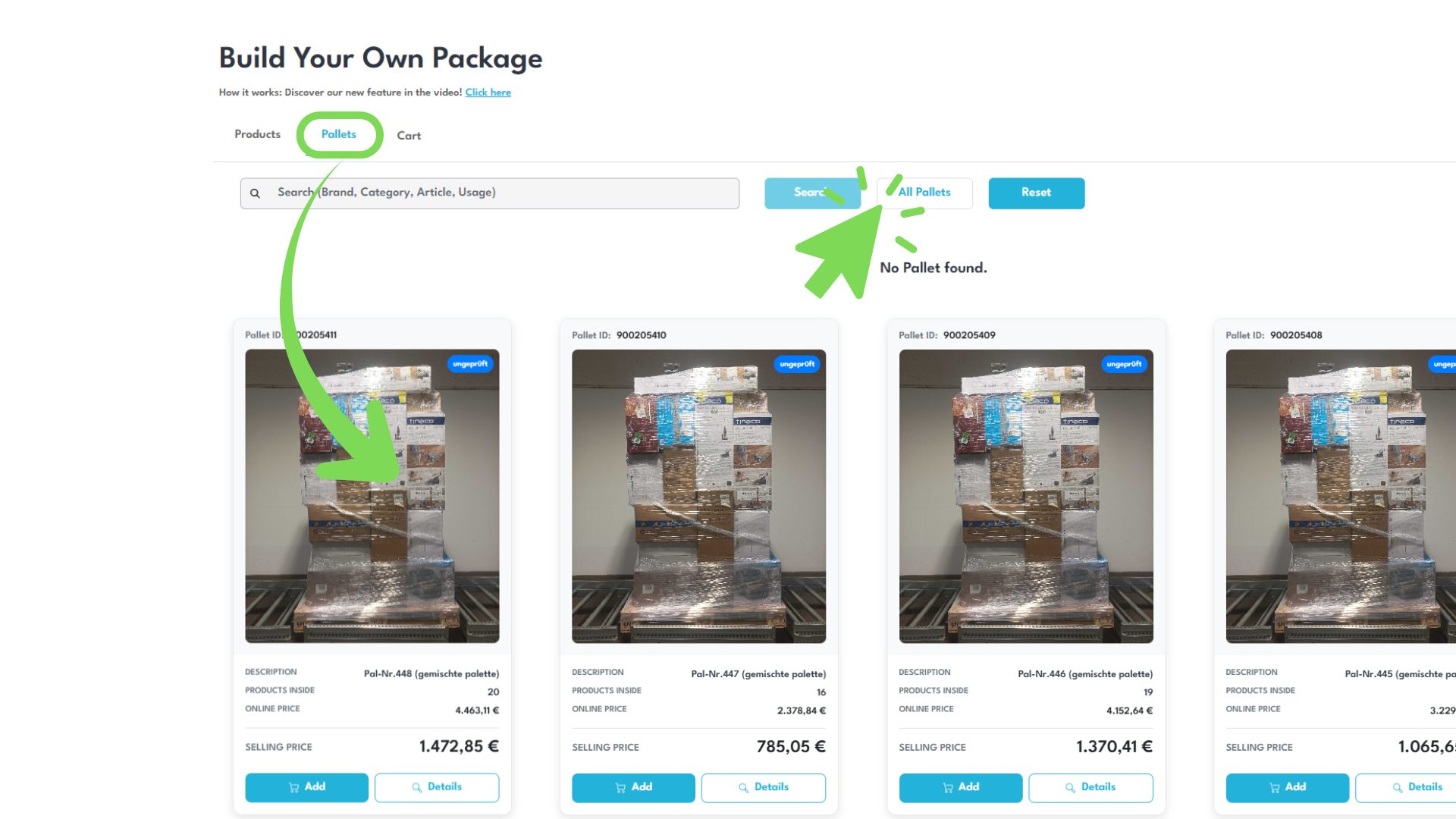 Darstellung, auf der zu sehen ist, wie man Paletten im Portal bestellt.